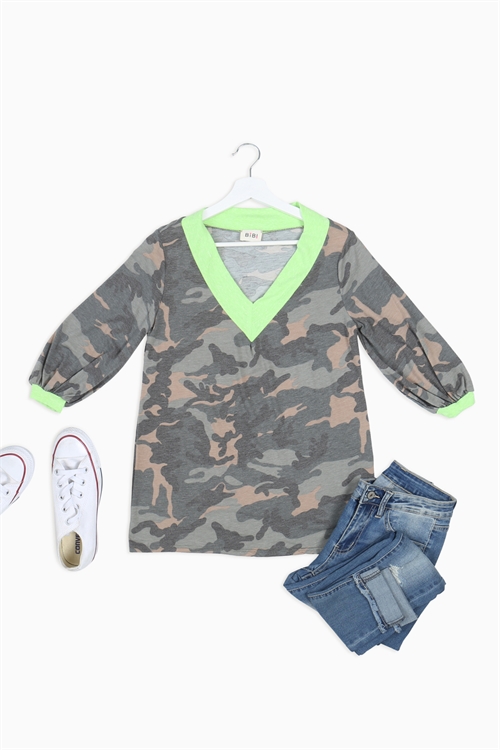 S11-5-4-T1759-01 NEON GREEN SEQUINS V-NECK & CUFFED SLEEVE CAMOUFLAGE PRINT TOP 2-2-2-2