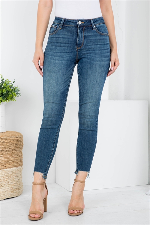 S7-1-1-J1229 DARK DENIM FRONT BUTTON & ZIP CLOSURE DISTRESSED HEM SKINNY LEG JEANS 1-2-2-2-2-2-2-1