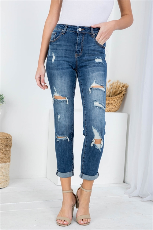 S9-6-1-J1235 DARK DENIM FRONT BUTTON & ZIP CLOSURE SKINNY CUFFED LEG DISTRESSED JEANS 1-2-2-2-2-2-2-1