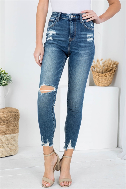 S11-6-1-J1298 DARK DENIM FRONT BUTTON & ZIP CLOSURE SKINNY LEG DISTRESSED JEANS 1-2-2-2-2-2-2-1