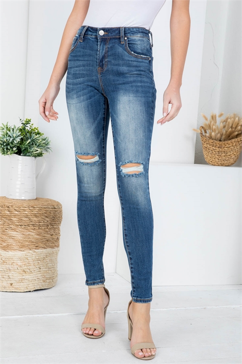 S10-9-1-J1224 DARK DENIM FRONT BUTTON & ZIP CLOSURE DISTRESSED SKINNY LEG JEANS 1-2-2-2-2-2-2-1