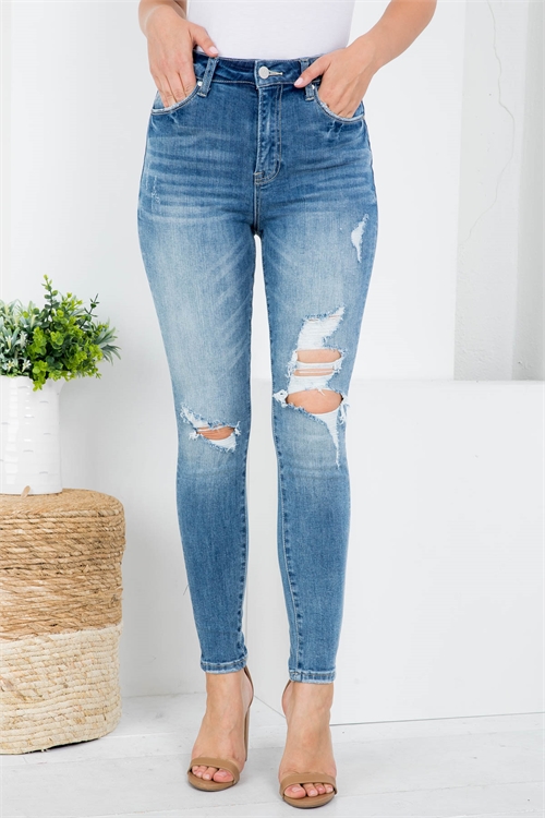 S10-6-1-J1232 MEDIUM DENIM FRONT BUTTON & ZIP CLOSURE DISTRESSED SKINNY LEG JEANS 1-2-2-2-2-2-2-1