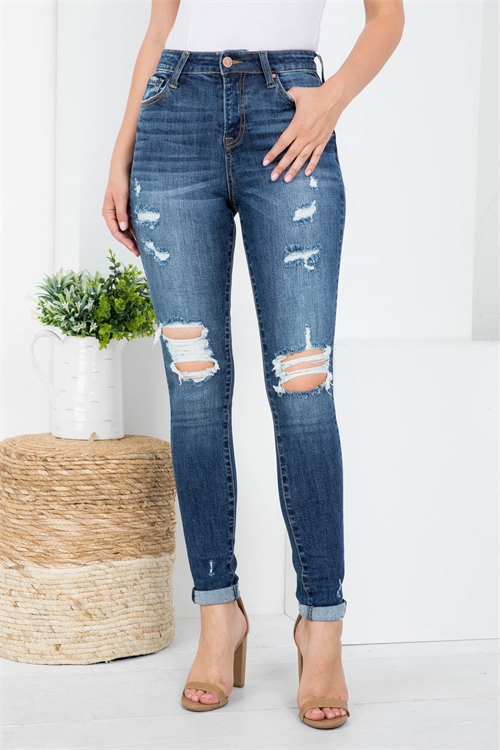 S10-2-2-J1228 DARK DENIM FRONT BUTTON & ZIP CLOSURE DISTRESSED SKINNY LEG JEANS 1-2-2-2-2-2-2-1