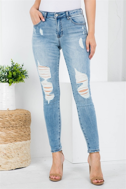 S9-1-2-J1225 MEDIUM BLUE FRONT BUTTON & ZIP CLOSURE DISTRESSED SKINNY LEG JEANS 1-2-2-2-2-2-2-1