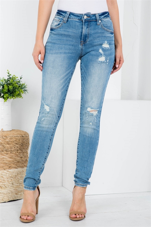 S8-2-2-J1226 MEDIUM BLUE FRONT BUTTON & ZIP CLOSURE DISTRESSED SKINNY LEG JEANS 1-2-2-2-2-2-2-1