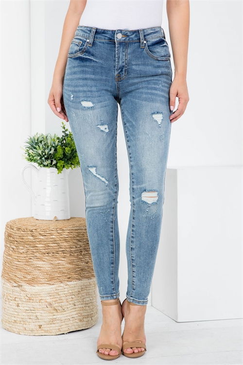 S11-18-1-J1227 LIGHT DENIM FRONT BUTTON & ZIP CLOSURE DISTRESSED SKINNY LEG JEANS 1-2-2-2-2-2-2-1