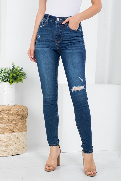 S14-9-1-J1254 DARK DENIM FRONT BUTTON & ZIP CLOSURE DISTRESSED SKINNY LEG JEANS 1-2-2-2-2-2-2-1