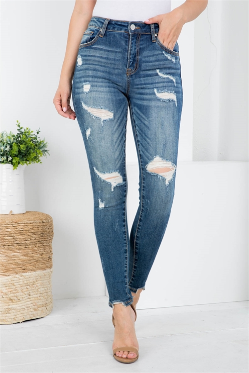 S7-3-2-J1220 DARK DENIM FRONT BUTTON & ZIP CLOSURE DISTRESSED SKINNY LEG JEANS 1-2-2-2-2-2-2-1