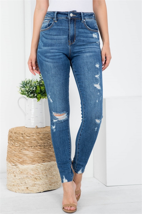 S14-4-2-J1048 DARK DENIM FRONT BUTTON & ZIP CLOSURE DISTRESSED SKINNY LEG JEANS 1-2-2-2-2-2-2-1