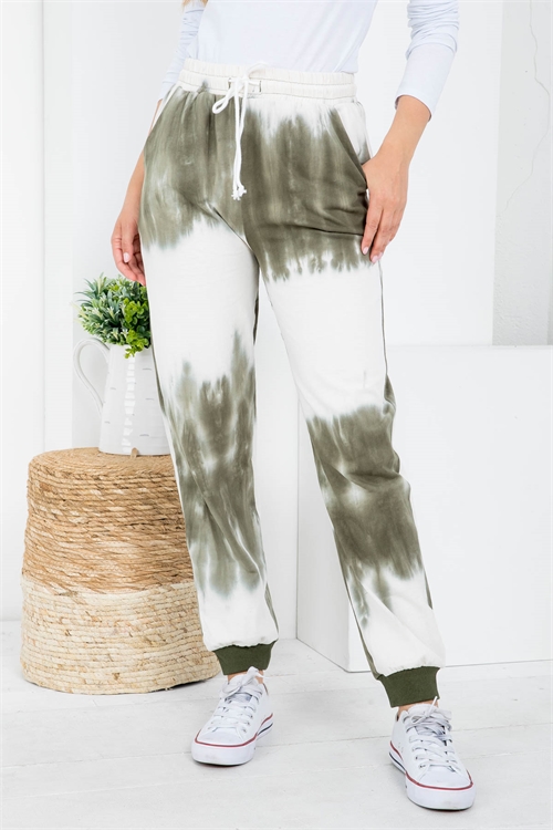S9-13-3-P3640-2 VINTAGE OLIVE TIE DYE WITH FRONT DRAWSTING WAIST & SIDE POCKET CUFFED LEG PANTS 2-2-2-2