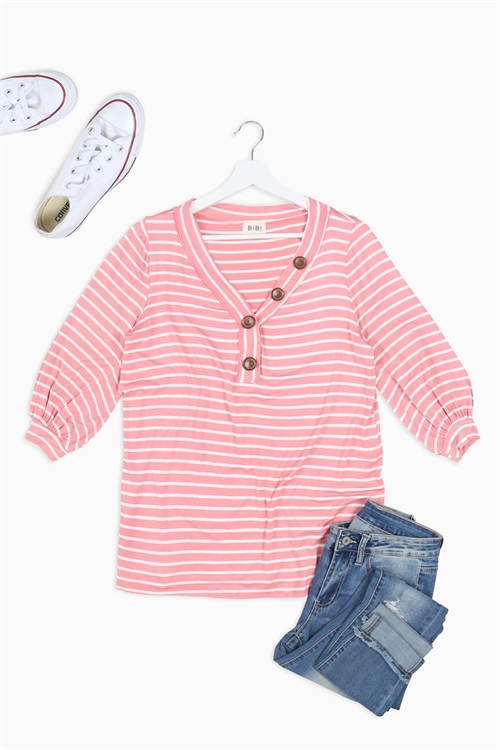 SA4-0-3-T1744-04 PINK IVORY STRIPES V-NECKLINE WITH BUTTON DETAIL CUFFED 3/4 SLEEVE TOP 2-2-2-2