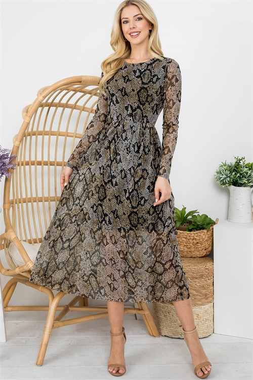 S14-6-4-D1413 BROWN BLACK SNAKE PRINT ROUND NECKLINE SHEER LONG SLEEVE MAXI DRESS 2-2-2