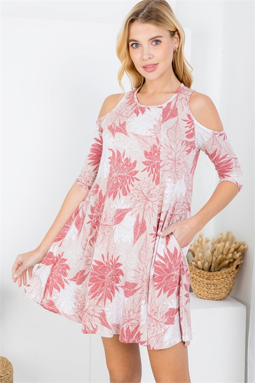 S15-4-1-D1246 TAUPE COPPER FLORAL PRINT ROUND NECKLINE COLD SHOULDER WITH SIDE POCKET RUFFLE DRESS 2-2-2