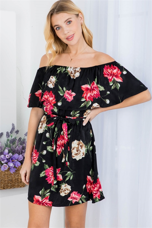 C58-A-1-D9707 BLACK FLORAL PRINT OFF SHOULDER RUFFLE DRAPE WITH TIE WAISTLINE DRESS 2-2-2