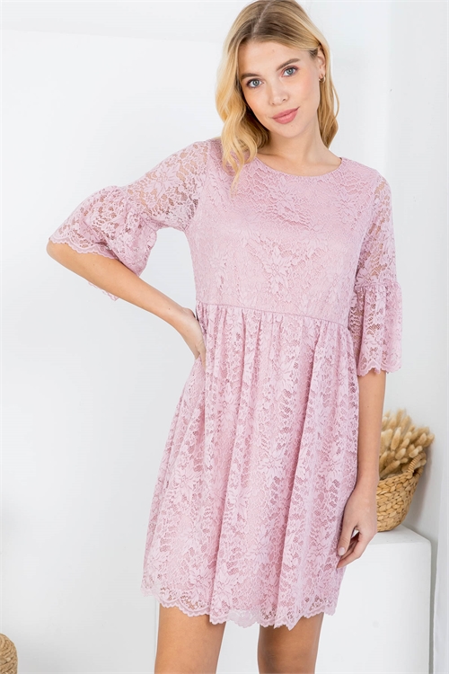 C66-A-2-D1047 BLUSH ROUND NECKLINE FLORAL LACE THROUGHOUT RUFFLE BELL SLEEVE DRESS 2-2-2