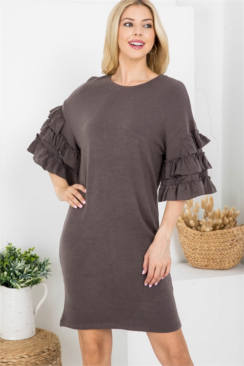 S15-7-1-D41621 BROWN ROUND NECKLINE MULTI TIERED RUFFLE SLEEVES MINI DRESS 2-2-2