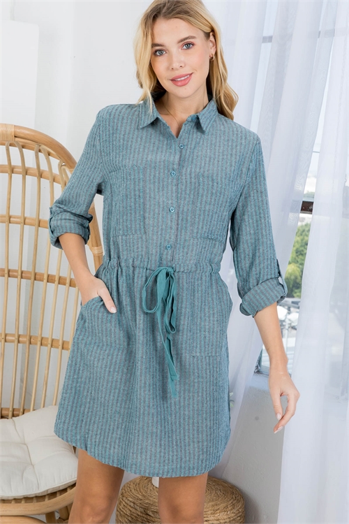 S16-7-1-D41650 TEAL NAVY VERTICAL PIN STRIPES TAILORED COLLAR BUTTON DOWN PULL TAB SLEEVE DRESS 2-2-2