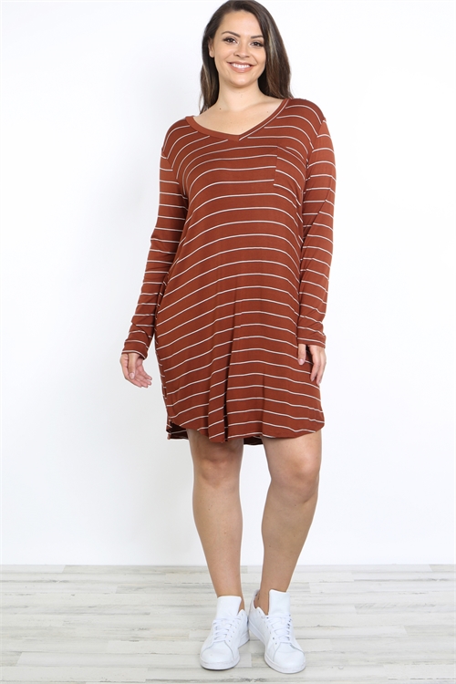 S15-9-4-D1462X CINNAMON IVORY STRIPES V-NECKLINE WITH SIDE POCKET LONG SLEEVE PLUS SIZE SHIRT DRESS 3-2-1