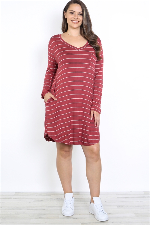 S15-9-4-D1462X MARSALA IVORY STRIPES V-NECKLINE WITH SIDE POCKET LONG SLEEVE PLUS SIZE SHIRT DRESS 3-2-1