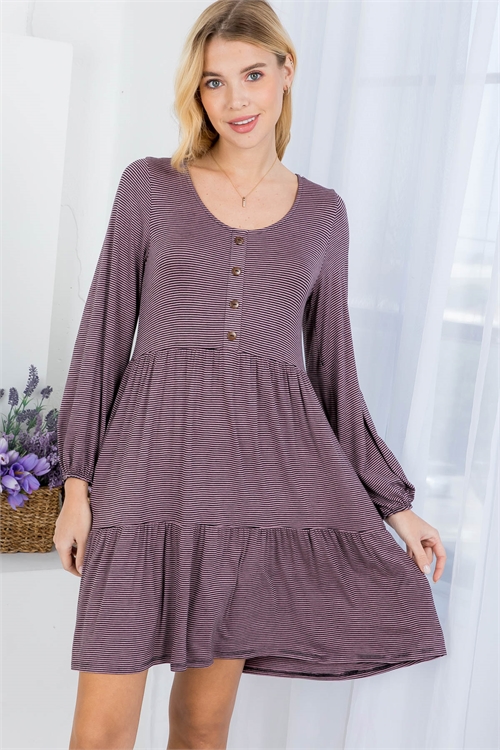 S13-9-3-D1427 MAUVE BLACK PIN STRIPES SCOOPED NECKLINE WITH BUTTON DETAIL CUFFED SLEEVE RUFFLE DRESS 2-2-2