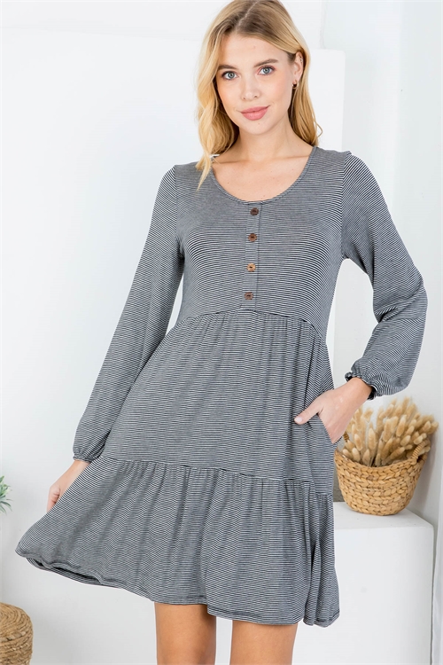 S11-20-3-D1427 BLACK HEATHER GRAY PIN STRIPES SCOOPED NECKLINE WITH BUTTON DETAIL CUFFED SLEEVE RUFFLE DRESS 2-2-2