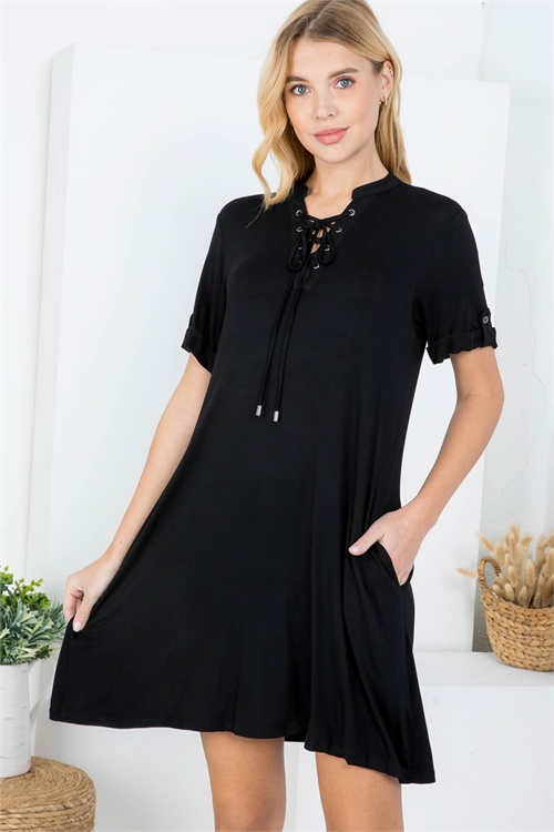 S13-12-2-D41549 BLACK CHINESE COLLAR V-NECKLINE WITH LACE-TIE PULL TAB SLEEVE & SIDE POCKET DRESS 2-2-2 (NOW $3.50 ONLY!)