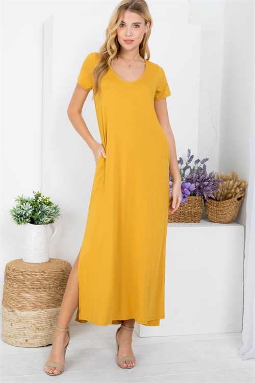 S13-7-2-D1044 MUSTARD SCOOPED NECKLINE WITH SIDE POCKET & SLIT SHORT SLEEVE LONG DRESS 2-2-2