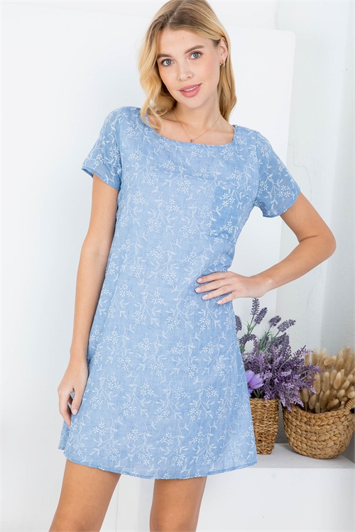 C4-A-2-D1099 LIGHT DENIM PLORAL PRINT SQUARE NECKLINE SHORT SLEEVE DRESS 2-2-2