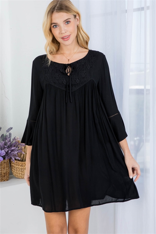S11-17-2-D41400 BLACK BOAT NECKLINE WITH LACE & TIE DETAIL BELL SLEEVE RUFFLE DRESS 2-2-2