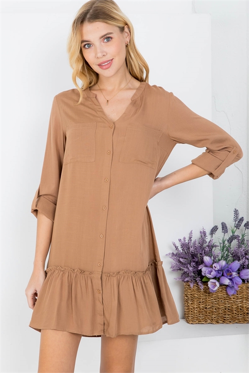 S16-4-1-D42097 KHAKI CHINESE V-NECK COLLAR WITH BUTTON DOWN PULL TAB SLEEVE MINI DRESS 2-2-2