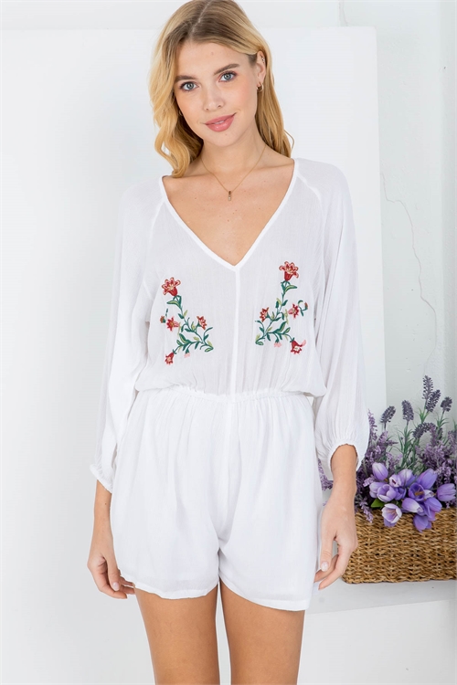 S8-2-3-R61027 WHITE FLORAL EMBROIDERED DEEP V-NECKLINE LONG SLEEVE ROMPER 2-2-2