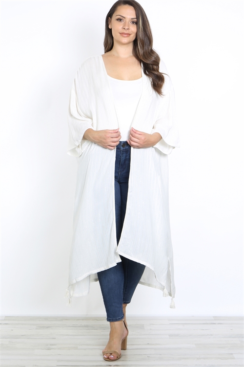 S12-10-2-C91374X OFF WHITE OPEN FRONT WITH TASSLE EYELET PLUS SIZE CARDIGAN 1-1-1-1-1