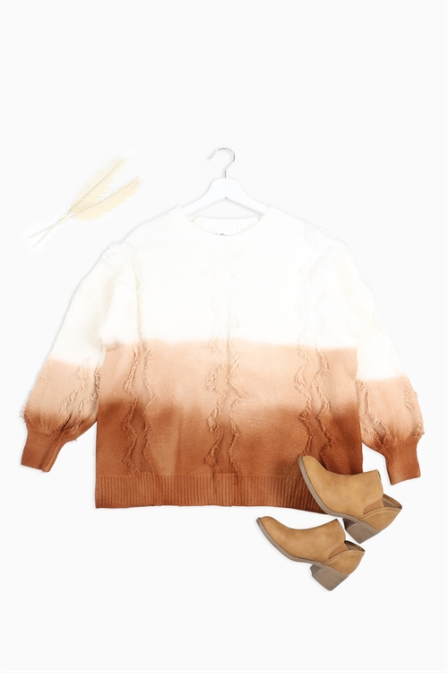 S15-12-3-S3589 IVORY RUST TIE DYE ROUND NECKLINE CUFFED HEM & SLEEVE KNITTED SWEATER 3-2-1