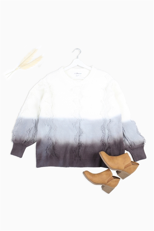 S14-8-3-S3589 IVORY CHARCOAL TIE DYE ROUND NECKLINE CUFFED HEM & SLEEVE KNITTED SWEATER 3-2-1