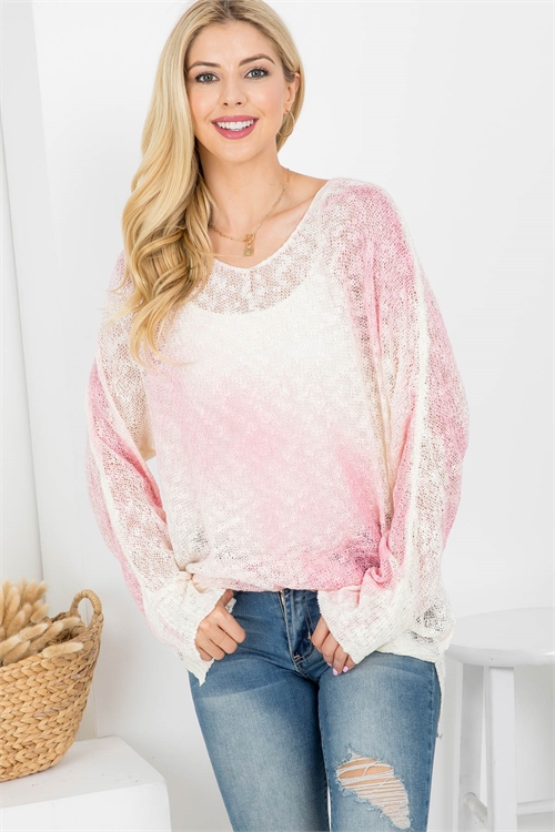S11-2-1-T3526-01 IVORY PINK TIE DYE ROUND NECKLINE LONG SLEEVE KNITTED TOP 3-2-1 (NOW $2.50 ONLY!)