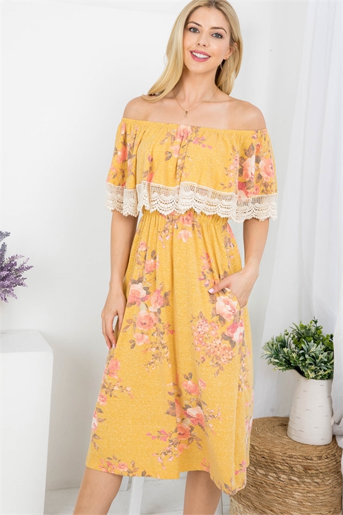 C28-A-2-D20647 MUSTARD FLORAL PRINT OFF SHOULDER RUFFLE DRAPE WITH LACE DETAIL & SIDE POCKET DRESS 2-2-2