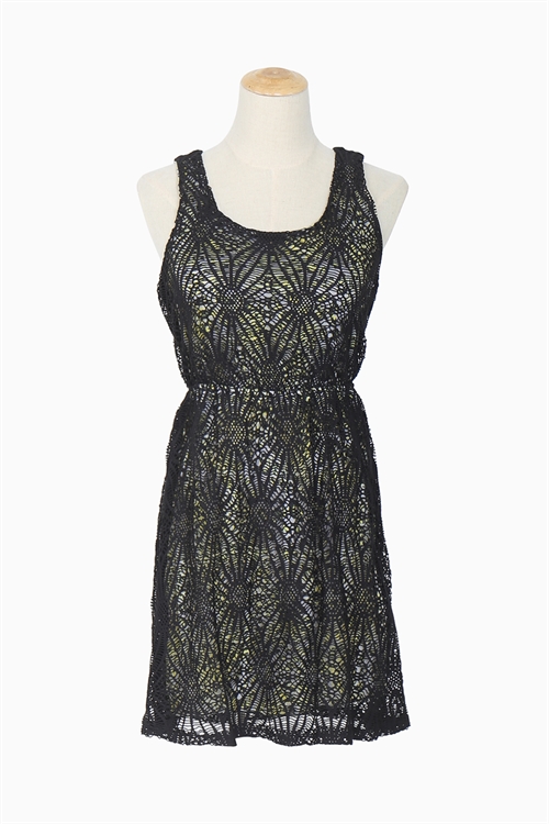 C30-A-3-D20092 BLACK LIME BOAT NECKLINE SLEEVELESS KNITTED A-LINE DRESS 2-2-2