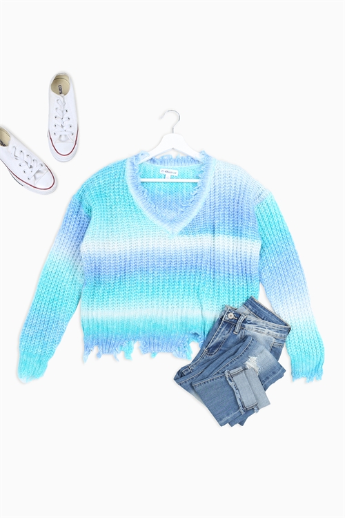 S12-4-2-S3756 AQUA BLUE MULTI TIE DYE V-NECKLINE DISTRESSED HEM KNITTED SWEATER 2-2-2-2