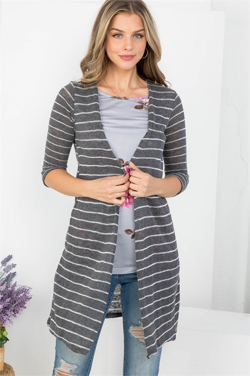 C58-A-1-T62871 GRAY CHARCOAL STRIPES FLORAL PRINT OPEN FRONT 3/4 SLEEVE TOP 2-2-2