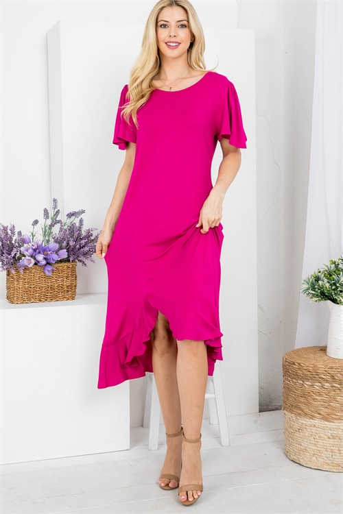 S12-2-2-AD5131-FUCHSIA ROUND NECKLINE RUFFLE SLEEVE ASYMETRIC DRESS 2-2-2