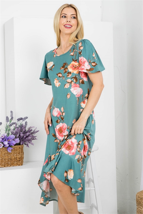 C14-A-1-AD5131-MINT FLORAL ROUND NECKLINE RUFFLE SLEEVE ASYMETRIC DRESS 2-2-2