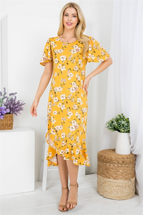 C12-A-1-AD5131-MUSTARD FLORAL ROUND NECKLINE RUFFLE SLEEVE ASYMETRIC DRESS 2-2-2