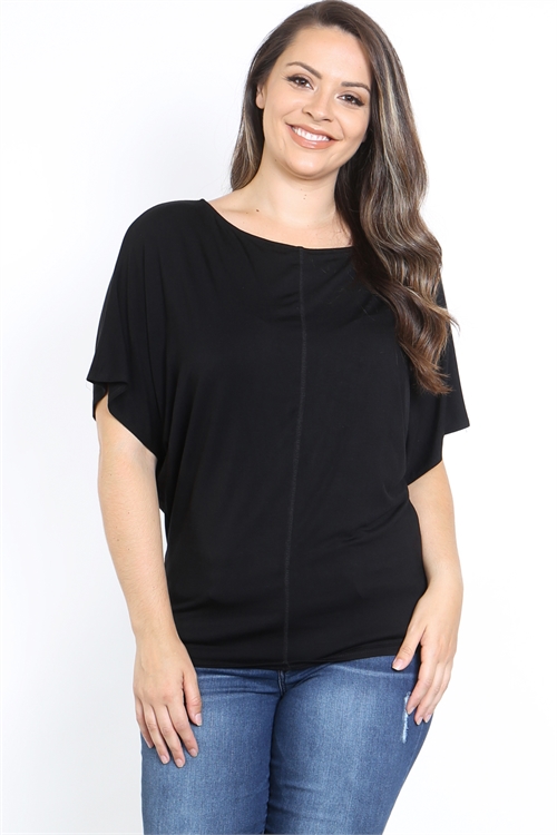 C56-B-2-T3656X BLACK BOAT NECKLINE RUFFLE BATWING PLUS SIZE TOP 2-2-2