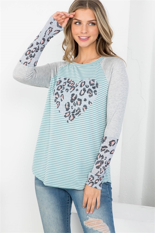 C38A-2-T62804 SAGE BLUE ANIMAL PRINT HEART STRIPES ROUND NECKLINE LONG SLEEVE TOP 2-2-2