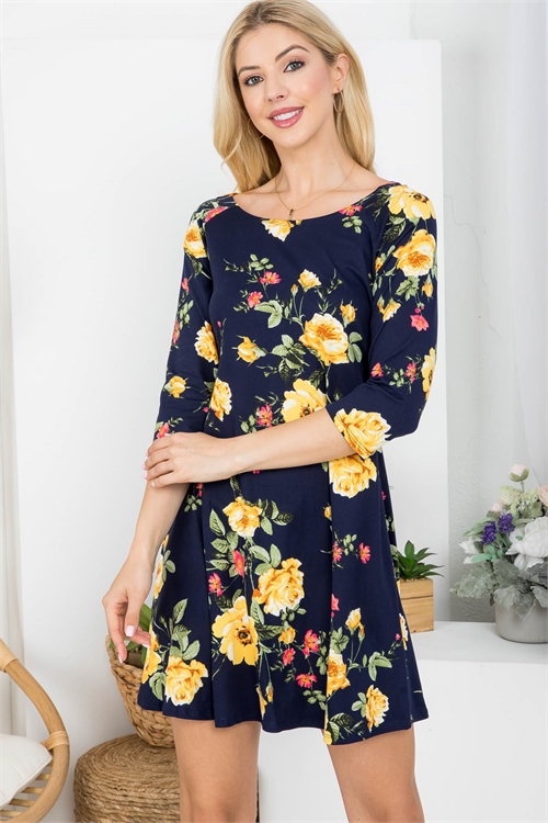 C58-A-1-D1610157 NAVY WITH FLOWER PRINT BOAT NECKLINE 3/4 SLEEVE RUFFLE DRESS 2-2