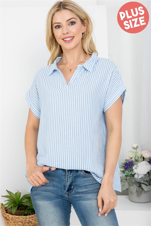 S5-8-4-T63551X SKY BLUE WITH STRIPES COTTON YARD DYED PULL OVER SHIRTS PLUS SIZE TOP 2-2-2-2