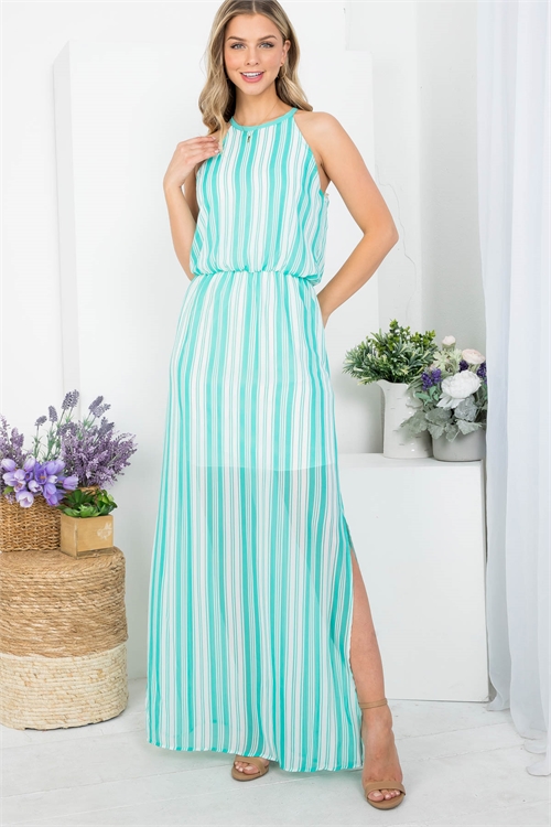 C20-A-1-D18976 MINT WHITE VERTICAL STRIPE PRINT ROUND NECKLINE WITH BACK TIE & SIDE SLIT MAXI DRESS 2-3