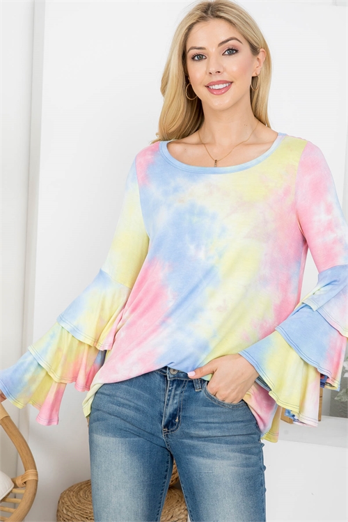 C30-A-1-T62783 BLUE MULTI TIE DYE MULTI TIERED RUFFLE BELL SLEEVE TOP 2-2-2