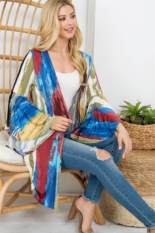 C26-A-1-C63183 MULTI COLOR TIE DYE OPEN FRONT BELL SLEEVE CARDIGAN 2-2-1