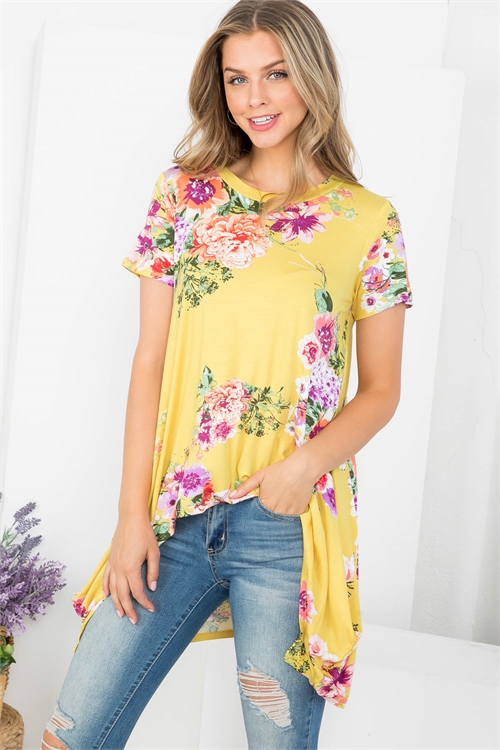 C34-A-3-T62840 YELLOW FLOWER PRINT ROUND NECKLINE SHORT SLEEVE ASYMETRIC TOP 2-2-2